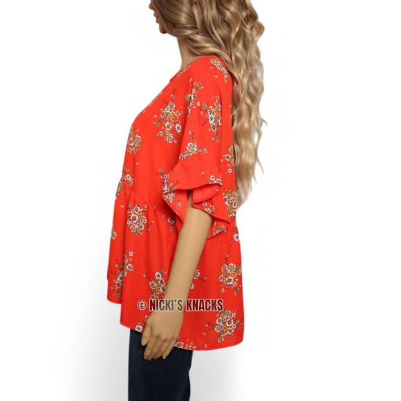 Bright Red Floral Ruffle Sleeve Scoopneck Babydoll Blouse Open Back Size XL - Picture 3 of 8